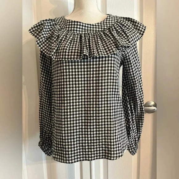Zara Gingham printed Ruffled black/ white Blouse size S‎ - Picture 10 of 11